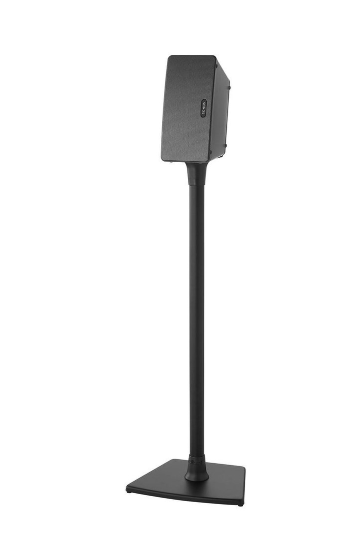 Closeup of anodized aluminum shaft on SANUS WSS21 holding Sonos PLAY:3 vertically for stereo setup