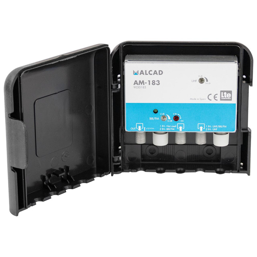 Closeup of tiltable Zamak chassis on Alcad AM-183 showing F-type connectors and LTE filter