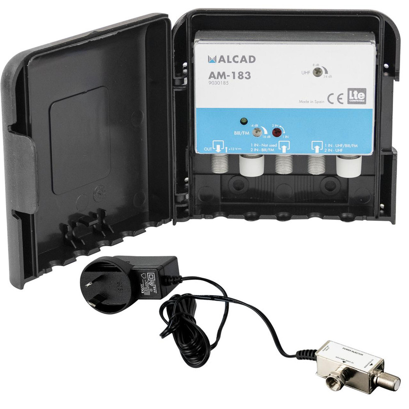 Closeup of tiltable Zamak chassis on Alcad AM-183 showing F-type connectors and LTE filter and power supply