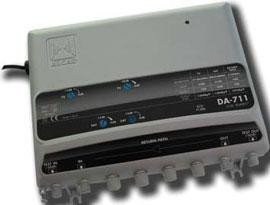 Closeup of gain slope controls and test points on Alcad DA-711 for easy signal adjustments