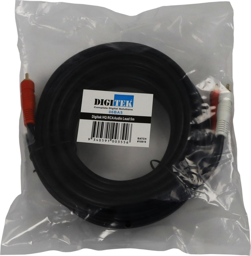 Poly bag pack of Digitek 5m RCA lead with audio essentials label