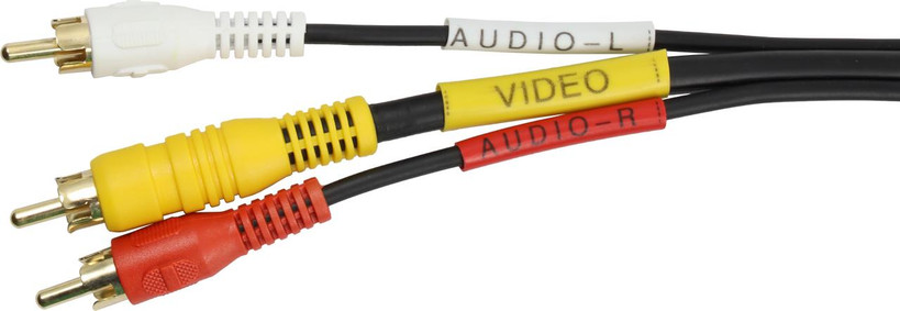 Closeup of triple gold RCA male plugs on Digitek composite AV cable ends