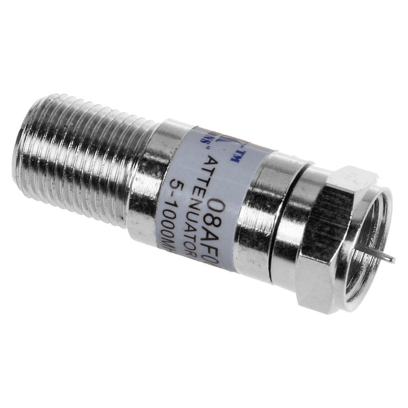 Digitek 12dB F-Type Attenuator in silver housing, F-Type Female to Male connector, for TV and satellite signal optimization