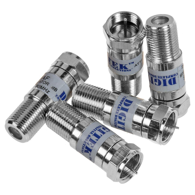 Group of 20dB Digitek F-Type attenuator with precision connectors for stable TV and satellite signal distribution