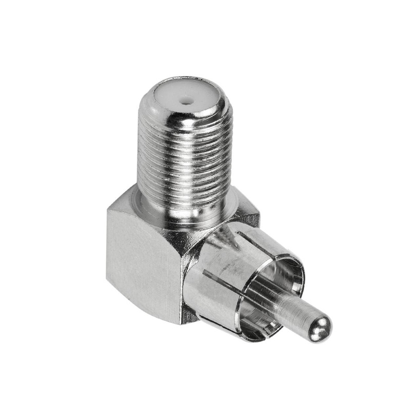 Close view of Digitek RCA male plug and F-type female connector on right-angle adaptor