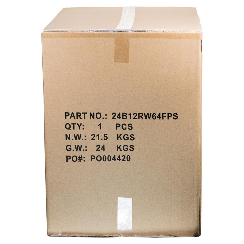 Packaged Datatek 24B12RW64FPS wall mount cabinet in 650x500x680mm box, highlighting 24kg shipping weight.