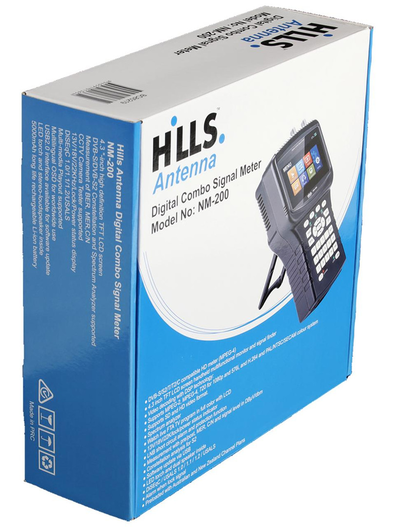 Display Box of Hills Antenna NM-200 professional satellite and TV installation meter showing features