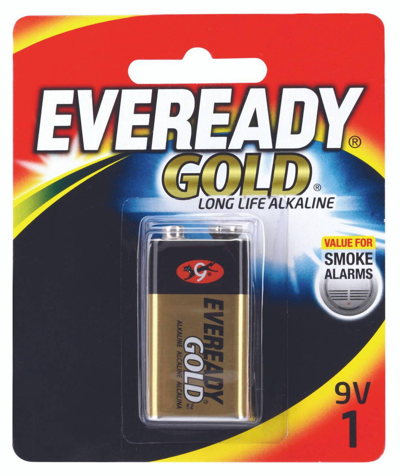 Eveready Gold 9V 1-pack battery in original blister packaging, highlighting the brand logo and device compatibility icons for smoke detectors and remotes