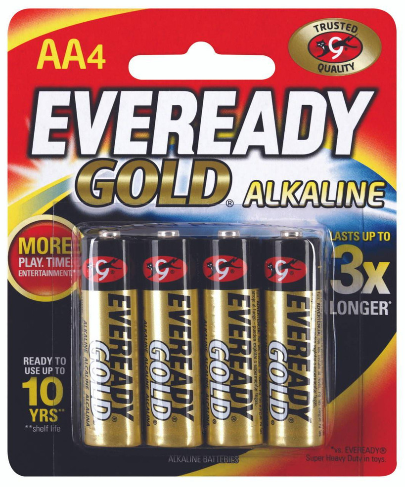 Eveready Gold AA 4-pack batteries in original blister packaging, highlighting the brand logo and device compatibility icons for remotes and clocks