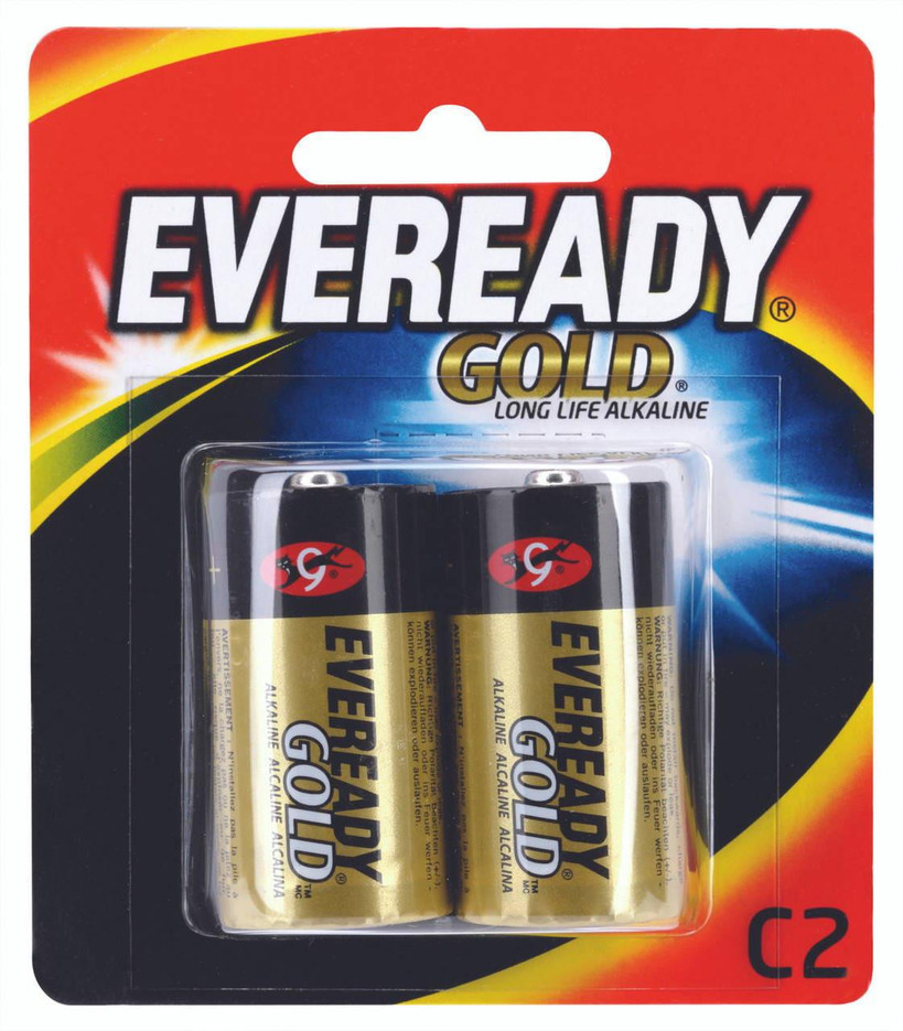 Eveready Gold C 2-pack batteries in original blister packaging, highlighting the brand logo and device compatibility icons for remotes and radios