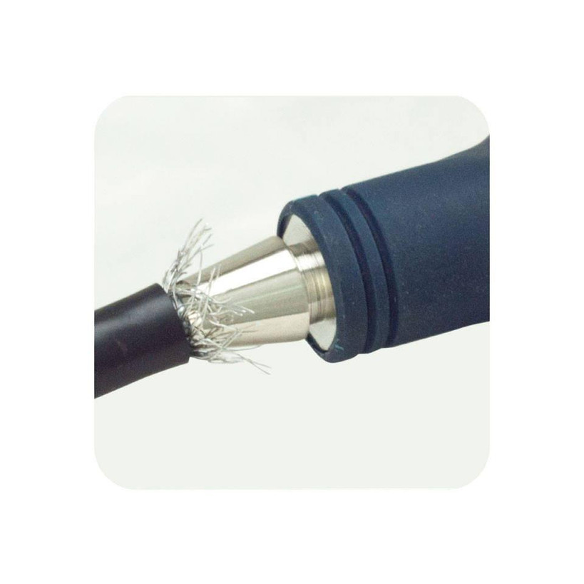 Close-up of HT-224D flaring braided shield on RG6 cable for F connector installation