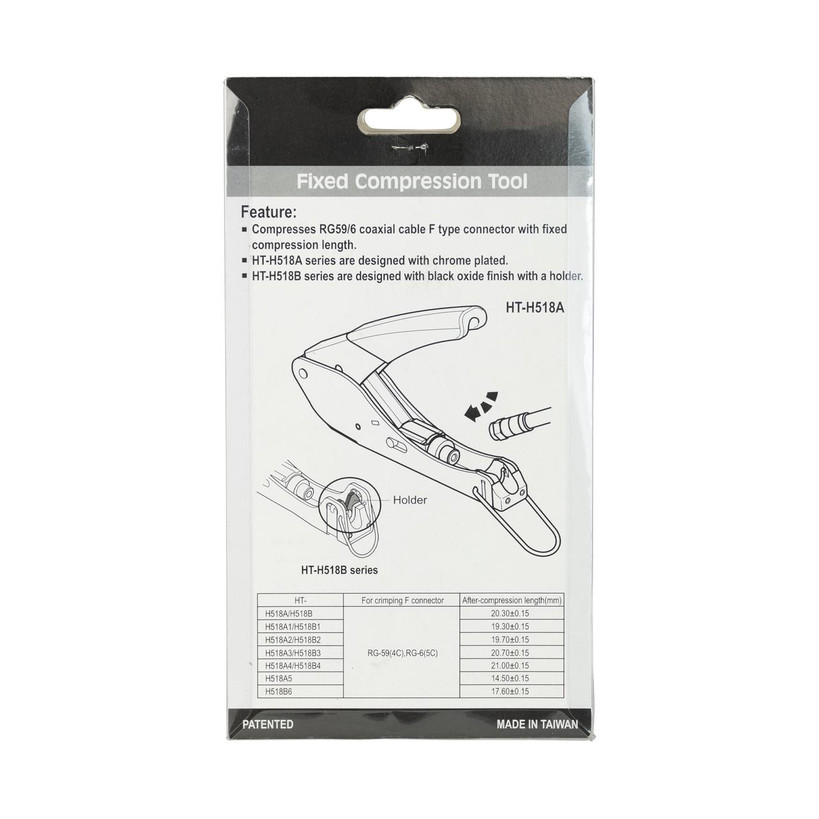 Hanlong HT-H518B6 fixed-type F crimper package rear view showing specifications