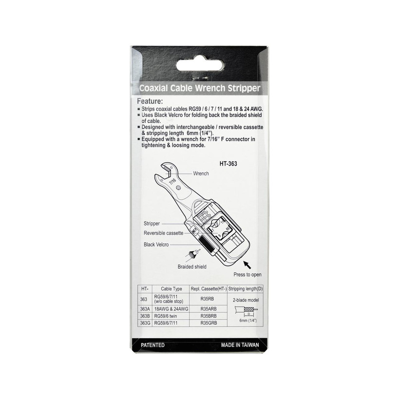 Hanlong Tools HT-363G Combination Cable Stripper and F Connector Wrench packaging rear view showing specifications