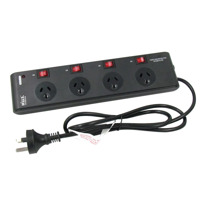Hills Antenna 4-outlet powerboard black (09HPB-4-IS/BLK) with illuminating individual switches