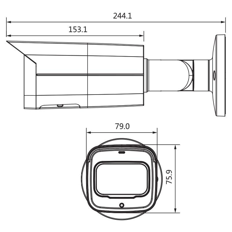 Schematic Diagram of VIP Vision 4.0MP motorised bullet security camera with IR and WDR showing Dimensions 