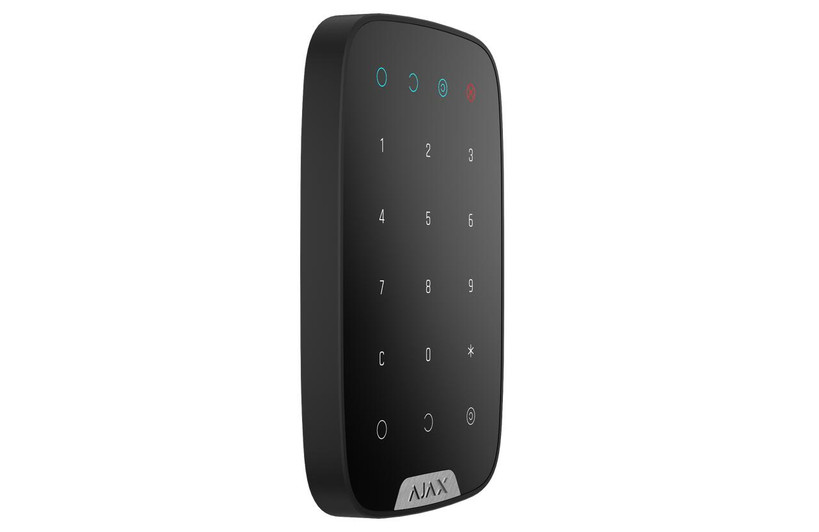 Side view of Ajax 2-Way Touch KeyPad in black, featuring duress code and SmartBracket for easy installation