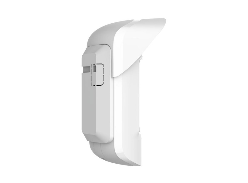 Rear side view of white Ajax MotionCam Outdoor which protects perimeter, 3-year battery and 1,700m Jeweller range