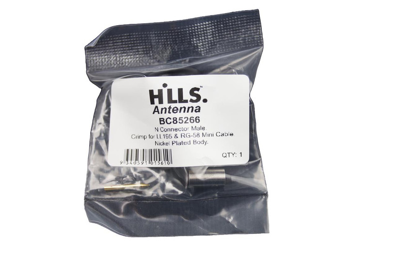 Packaging of Hills Antenna N Male Connector in poly bag with label ready for professional or DIY RF projects