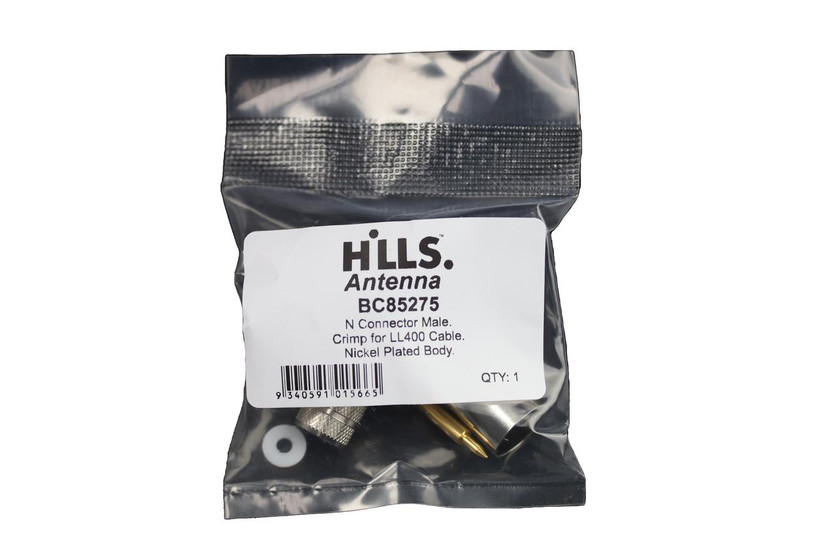 Packaging of Hills Antenna N Male Connector in poly bag with label ready for professional or DIY RF projects