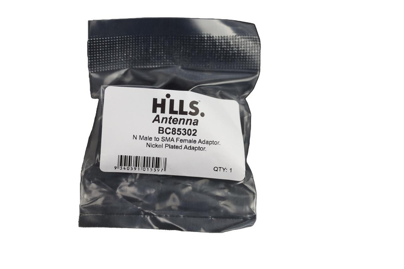 Packaging of Hills Antenna N to SMA Adaptor in poly bag with label, prepared for quick professional or DIY RF installations
