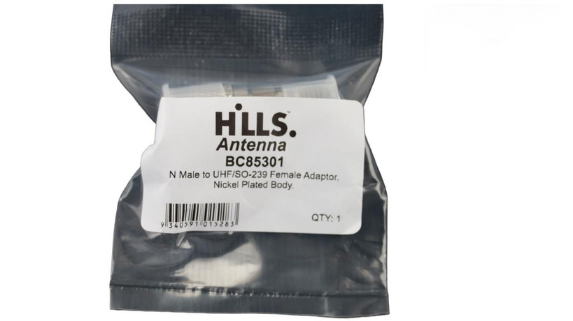 Packaging of Hills Antenna N to UHF/SO-239 Adaptor in poly bag with label, prepared for quick professional or DIY RF installations