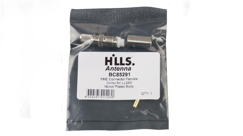 Packaging of Hills Antenna FME Female Connector in poly bag with label, ready for professional or DIY RF projects.