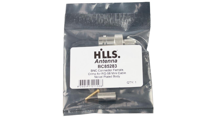 Packaging of Hills Antenna BNC Female Connector in poly bag with label, ready for professional or DIY RF projects