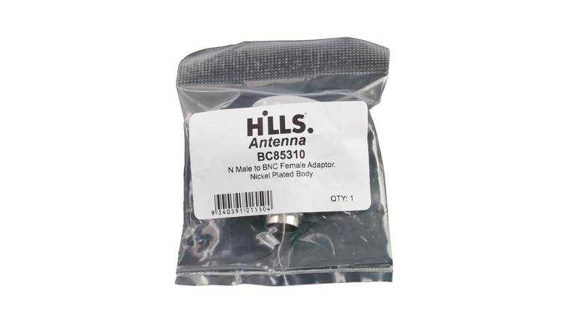 Packaging of Hills Antenna N to BNC Adaptor in poly bag with label, prepared for quick professional or DIY RF installations