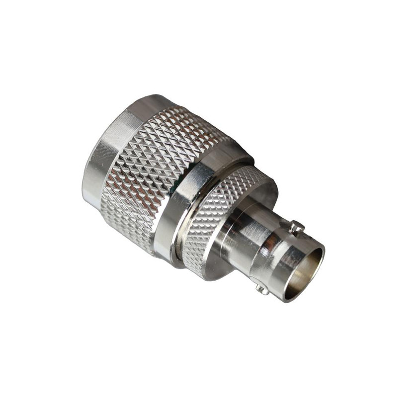 Side view of the durable Hills Antenna N to BNC adaptor with low VSWR specs, ideal for 50 Ohm TV or radio signal extensions