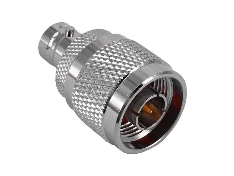 Close-up of Hills Antenna N Male to BNC Female Adaptor showing nickel-plated brass body and straight design for seamless RF cable bridging