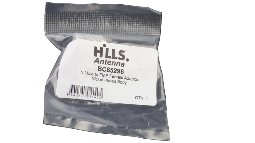 Packaging of Hills Antenna N to FME Adaptor in poly bag with label, ready for quick professional or DIY RF installations