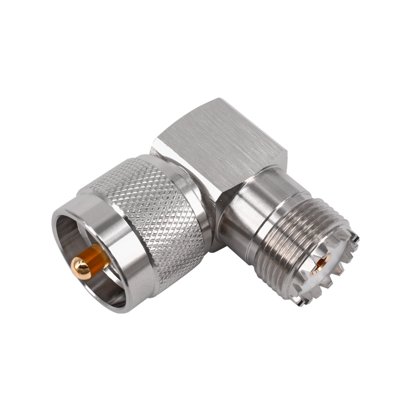 Hills Antenna BC85304 right-angle coaxial adapter, ideal for HAM radio and VHF applications in confined spaces