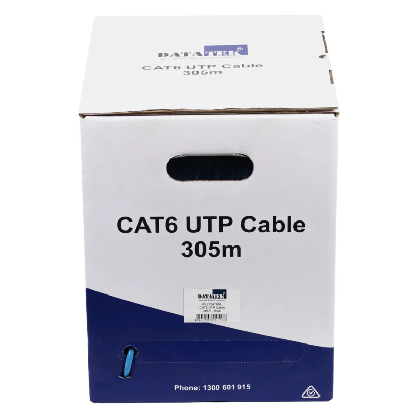 DATATEK CAT6 UTP Cable 305m blue box front view with pull-out design