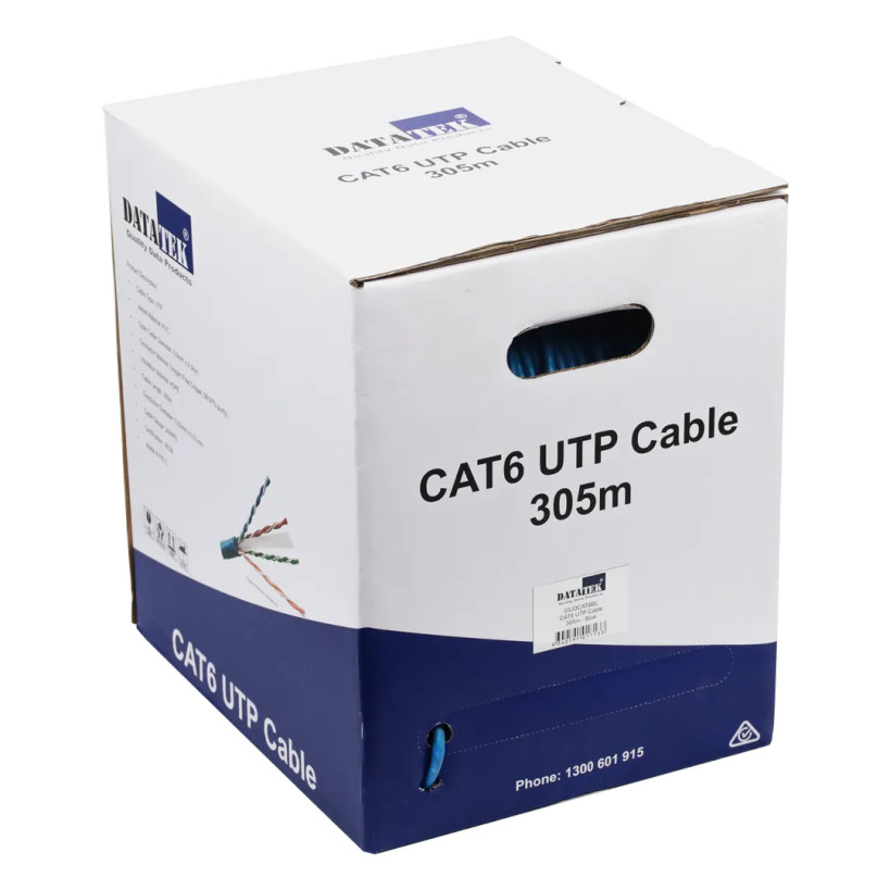 DATATEK CAT6 UTP Cable 305m blue box side view with pull-out design