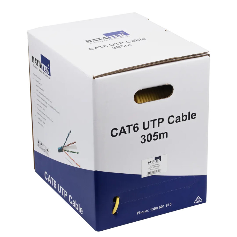 DATATEK CAT6 UTP Cable 305m yellow box front view with pull-out design
