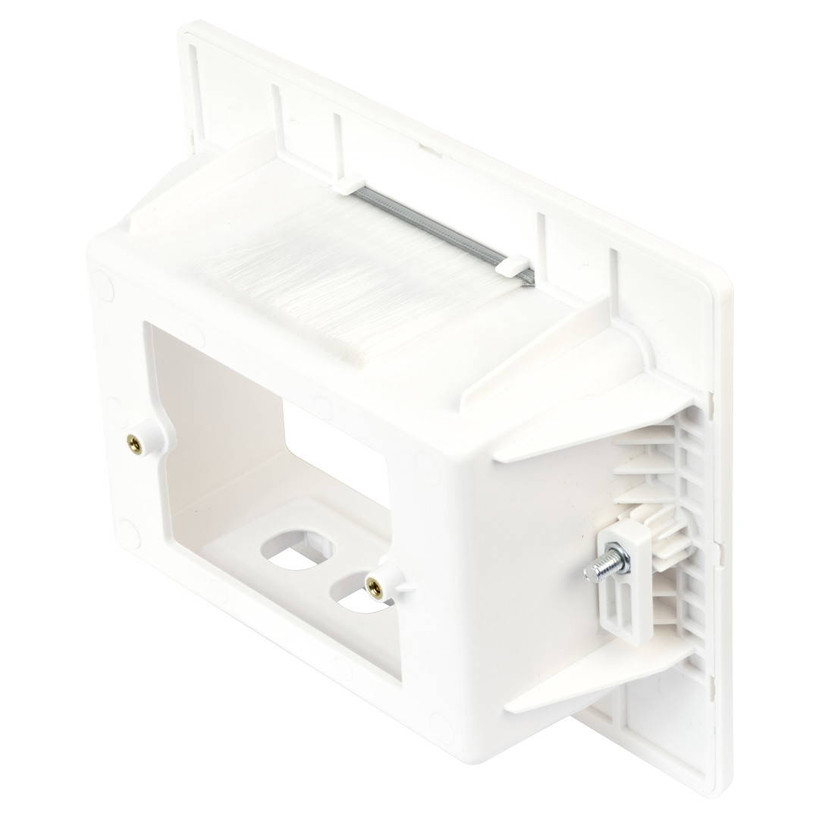Close-up Rear view of Hills Antenna Recessed Wall Box - White showing the flush-mounted design with brush insert for clean cable pass-through behind TVs or appliances