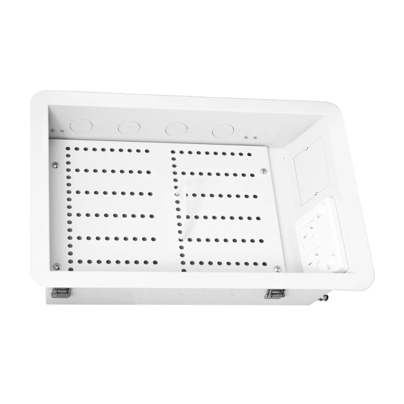 Hills Antenna Recessed AV Wall Box installed behind wall-mounted TV