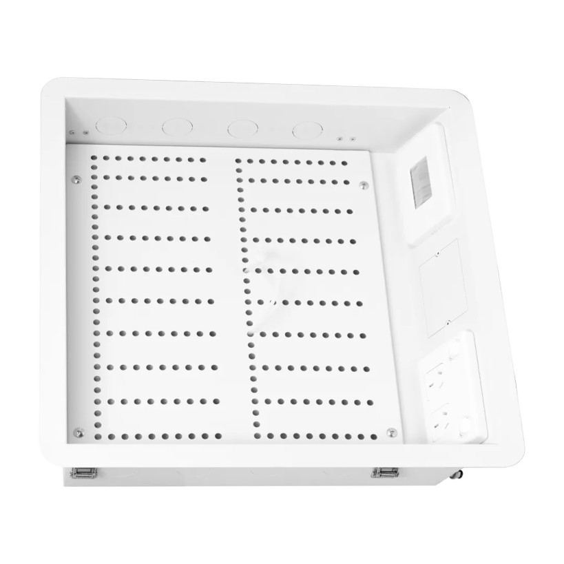 Hills Antenna Recessed AV Wall Box installed behind wall-mounted TV