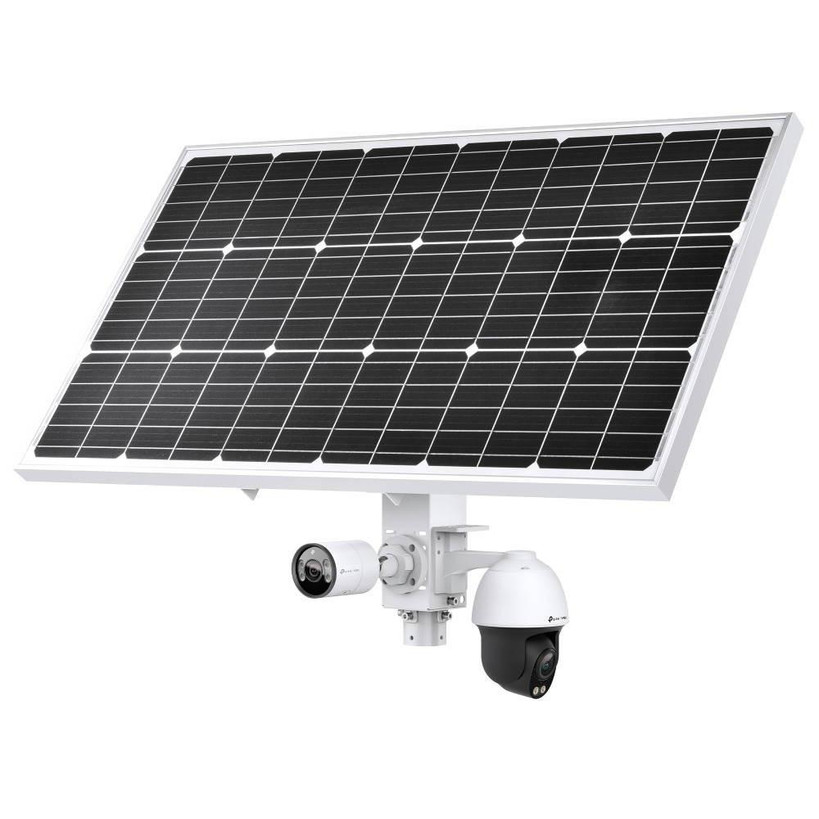 TP-Link VIGI SP9030 90W photovoltaic solar panel with adjustable mounting brackets set at optimal angle for maximum sunlight capture