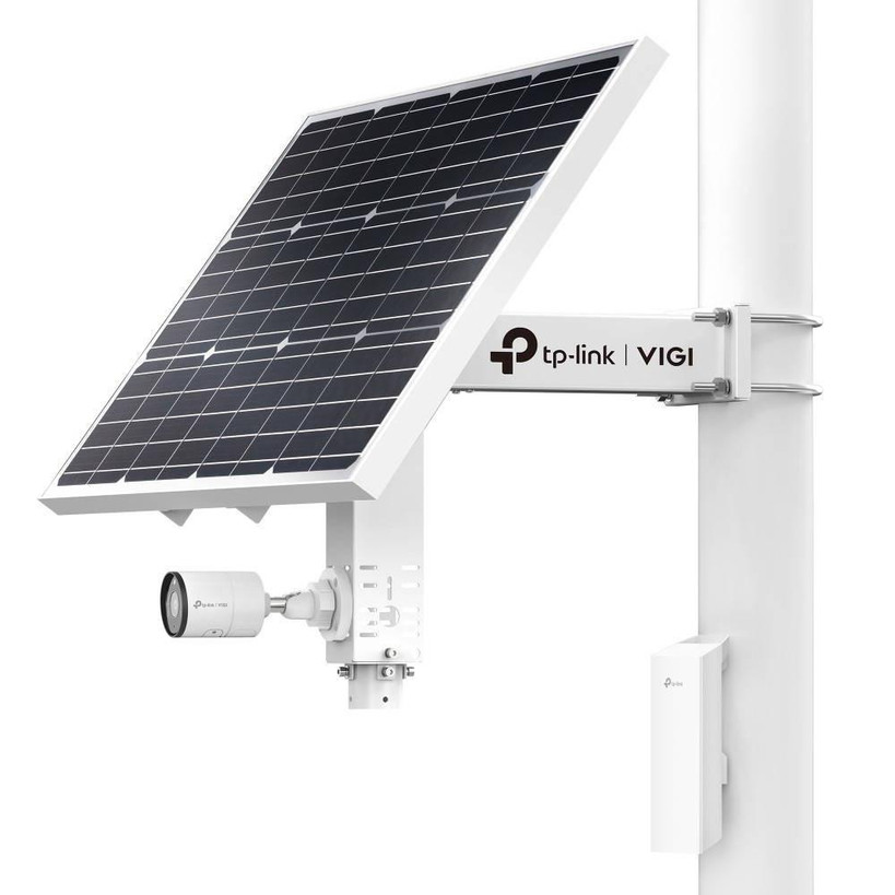 TP-Link VIGI SP6030 60W solar power supply system mounted on pole with adjustable solar panel and battery module for remote surveillance