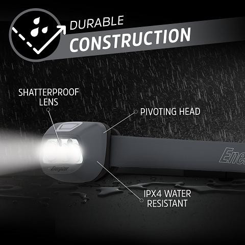 Durable construction and IPX4 water resistant feature in ENERGIZER HEADLAMP HDL30 with 400 Lumens