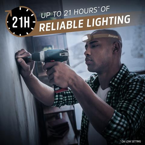 Reliable lighting of up to 21 hours of Energizer HDL60 Head Torch with 575 Lumens