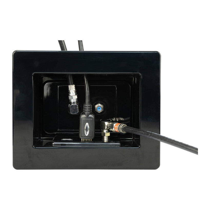 Full assembly of Hills Antenna Recessed Wall Box with included cover plate and triple blank mech insert, demonstrating tidy cable management for home setups