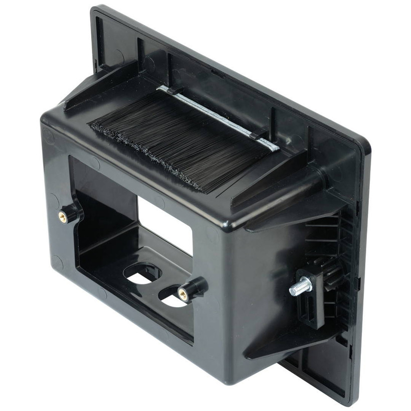Close-up rear view of Hills Antenna Recessed Wall Box - Black showing the flush-mounted design with brush insert for clean cable pass-through behind TVs or appliances