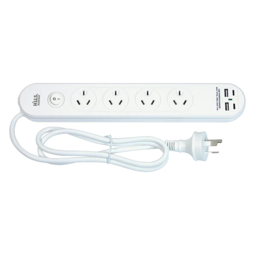 Top view of Hills Antenna 09H4PBUSBC 4-Way + 2x USB-A + 2x USB-C White Power Board with Overload Protection