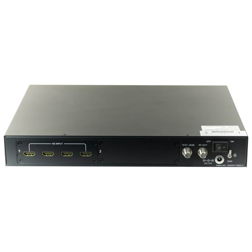 Rear view of Hills Antenna 17HD4CHMODMPEG4 4 HDMI to 4 Channel DVB-T Digital Modulator showing HDMI and RF ports