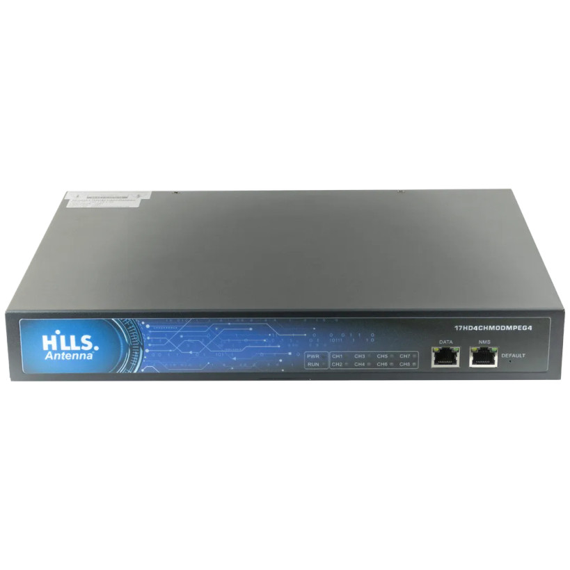 Front view of Hills Antenna 17HD4CHMODMPEG4 4 HDMI to 4 Channel DVB-T Digital Modulator showing data and NMS ports