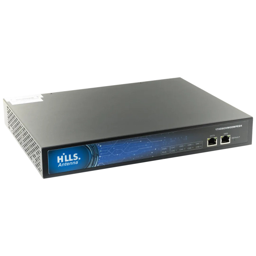 Front angle view of Hills Antenna 17HD8CHMODMPEG4 8 HDMI to 4 Channel DVB-T Digital Modulator showing data and NMS ports