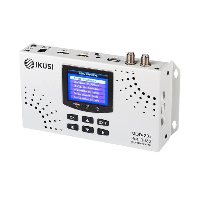 Ikusi by Fagor MOD-203 DVB-T COFDM Digital Modulator showing front lcd screen with configuration buttons and ports on top