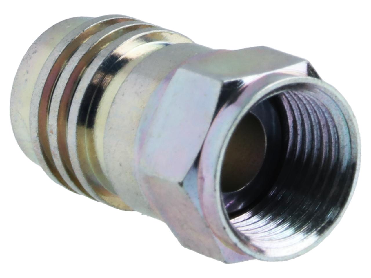 Close-up of hexagonal crimp style on BC15203A connector, showcasing waterproof sealing for RG6 cable termination